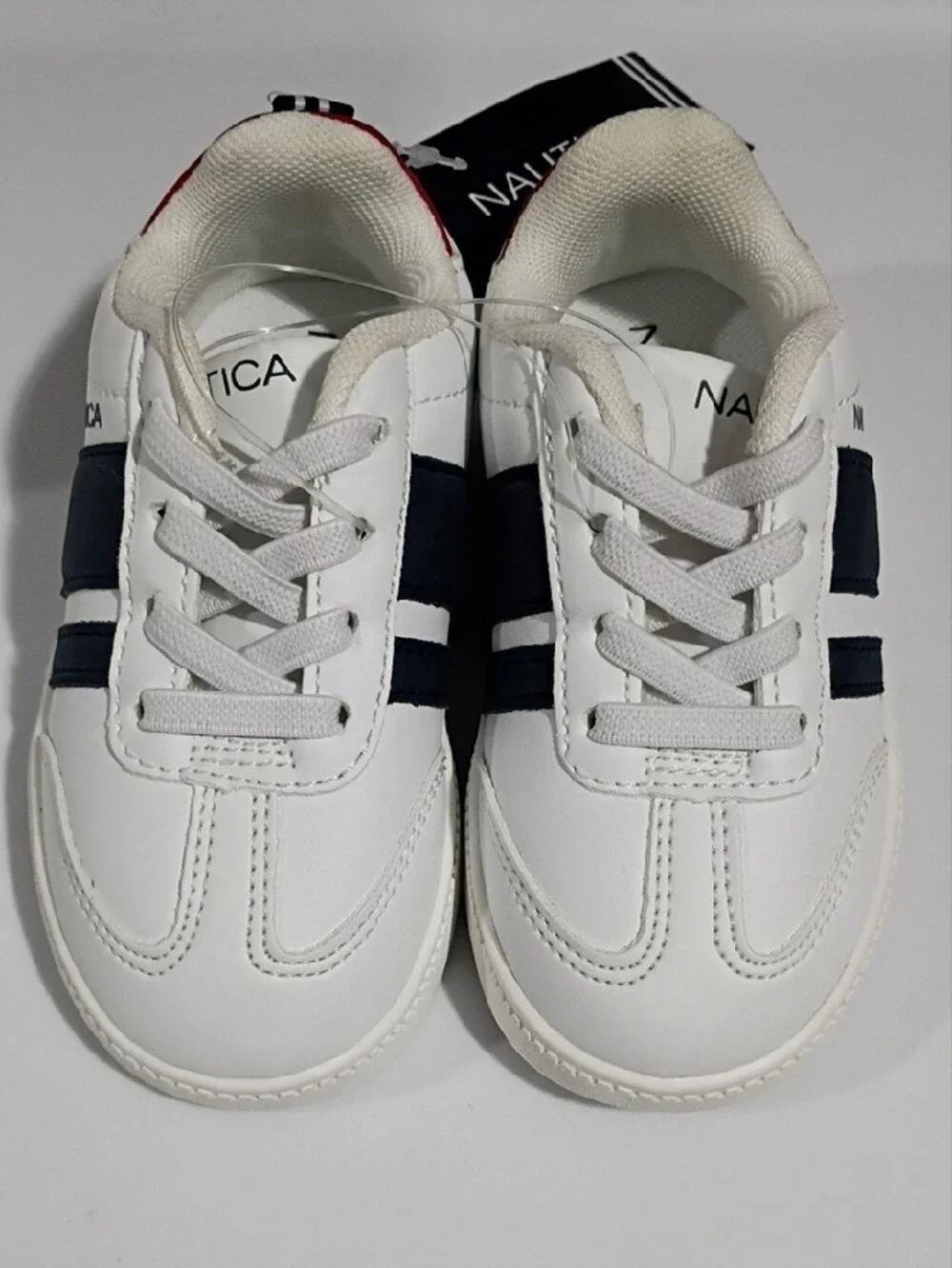 NAUTICA Kids White Sneakers with Navy Stripes and Red Heel Trim - SIZE 6 Toddler